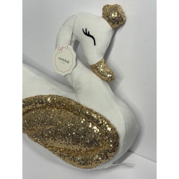 White Plush Swan Shaped Accent Pillow Gold Sequins NWT Coveted Home Decor - Picture 4 of 9